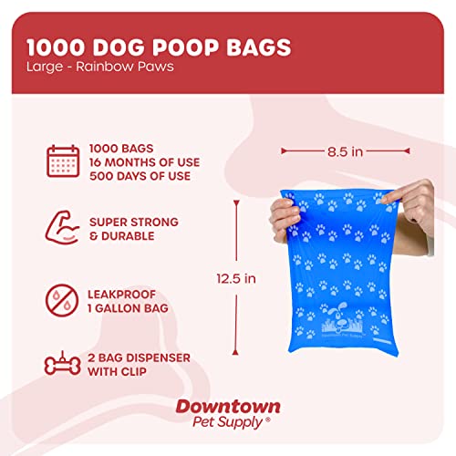 Downtown-Pet-Supply-Dog-Poop-Bags-1000-CT-Rainbow-Paw-Print-Bags-2-Dispensers-Waste-Bag-Dispenser-Clips-to-Dog-Leashes-Bags-Dog-Harnesses-Poop-Scoop-Bags-are-Leak-Proof-Bags-Unscented