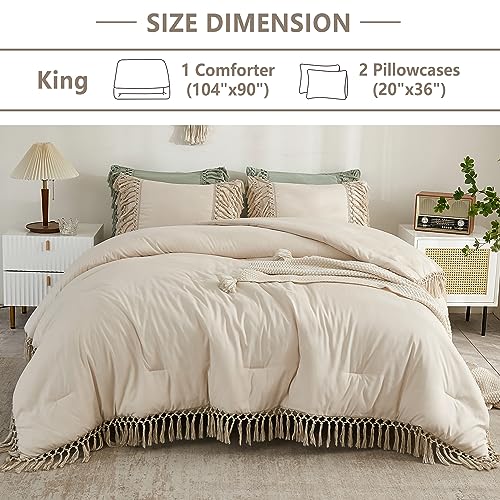Image of Andency King Size Comforter Set Beige, 3 Pieces Boho Tassel Lightweight Soft Bedding Comforter Sets for King Bed, All Season Fluffy Bed Set (104x90In Comforter & 2 Pillowcases)