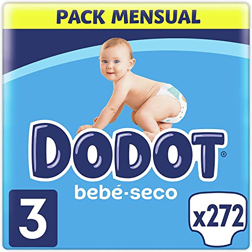 Dodot Pañales Bebé-Seco Talla 3 (6-10 kg), 272 Pañales con Protección Antifugas, Pack Mensual