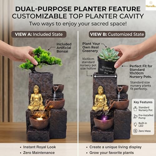Image of Buddha Water Fountain Indoor Home Decor 1.5 Foot Artificial Plants with Pot & Indoor Plant Pot Planters for Home Decor Good Luck Vastu Desk Decor Items Showpieces for Living Room Office Table Gift