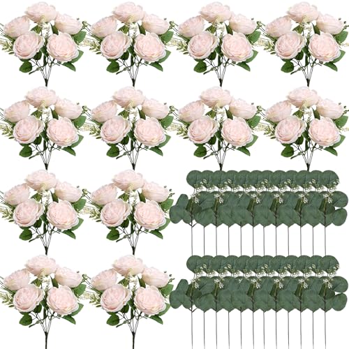 Nagobi Peonies Artificial Flowers Bulk, 12 Bundles Fake Silk Peonies Faux Eucalyptus Bouquet Realistic Peony Floral Arrangement for Wedding Table Centerpiece Vase Decor (Light Pink) — view 2