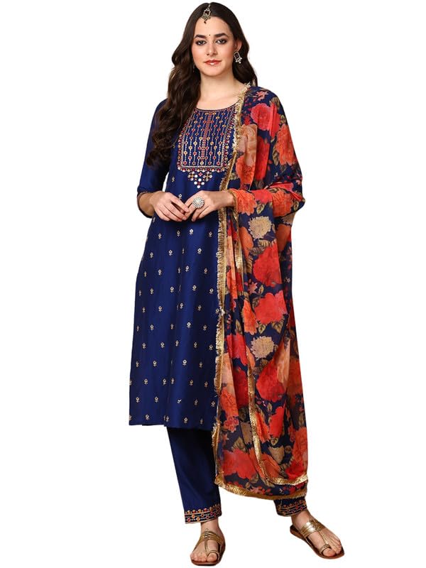 Image of Vaamsi Women's Silk Blend Solid Embroidered Straight Kurta Pant With Dupatta