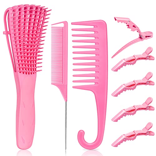 Detangling Brush For Black Natural Hair, Morgles Detangler Brush Wide Tooth Comb For Curly Hair Brush With Rat Tail Comb Alligator Hair Clips For Wavy Wet Hair (Pink) #TOP19
