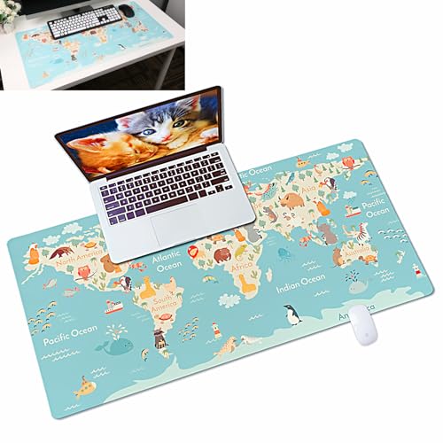 MHwan Alfombrilla ratón, Cuero PU Impermeable y Antimanchas Protector Mesa Escritorio, fácil de Fregar y sin Olor tapete Escritorio, geografía Animal Mundial Alfombrilla Escritorio (80x40cm)