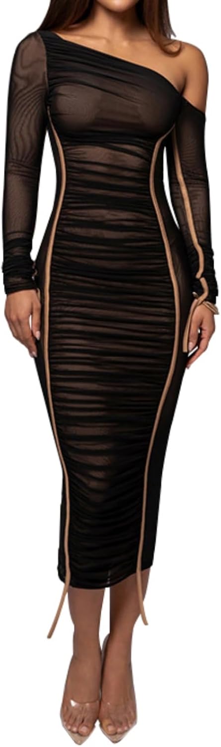 Sexy Bodycon Maxi Dress for Women Sheer Long Sleeve Off The Shoulder Party Club Ruched Mesh Dresses