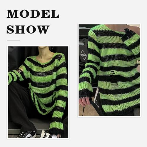 Image of Goth Y2K Striped Sweater with Belt Ripped Punk Gothic Long Sweaters for Women Grunge Distressed Halloween Pullover Tops