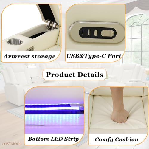 Image of Power Recliner Sectional Sofa Set with LED Light,L Shaped Leather Sectional Couch Set with 5 Recliner Seats,Modular Couches with USB Ports for Living Room Furniture,Cream White