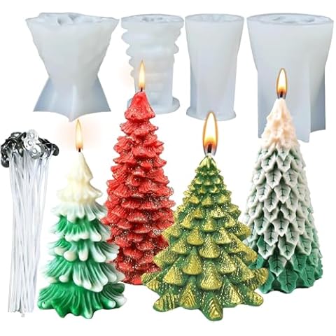 MEIXINZHI 4 Pcs Candle Mold, 3D Christmas Tree Silicone Candle Molds for Candle Making, Silicone Mold for Soap, Resin, Soy Wax, DIY Christmas Decoration Cover
