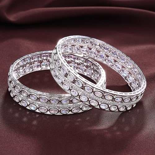 Image of ZENEME Rhodium Plated Silver Toned Oval Shaped White American Diamond Studded Bangles Set Of 2 For Women & Girls