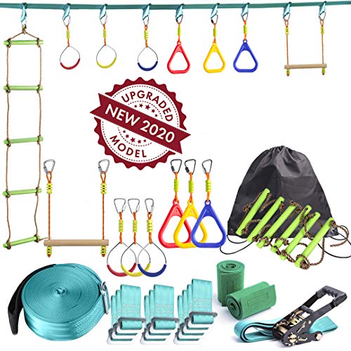 Ninja Line Backyard Obstacle Training Course 50' Slackline – Hanging Monkey Bars kit