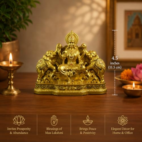 Image of Gaja Lakshmi Idol On Lotus with Elephants │ 4.5 Inch Polystone Laxmi Murti │ Brass, Silver & Patina Grey Finish │ Diwali Puja Gift (Gajlakshmi Brass Color)