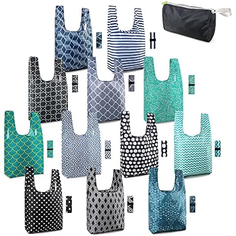 Reusable Shopping Bags Grocery Totes with Pouch 12 Pack 50LBS Foldable Fashion Baggies Geometry Printing Machine Washable Durable Xlarge Lightweight for Shopper Camp Travel Outdoor Home Cover