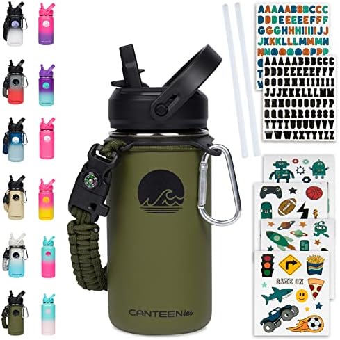 Canteenies Kids Water Bottle for School, 14 Oz, Straw Lid, Stickers, Scrunchie, Vacuum Insulated Stainless Steel Double Walled, BPA Free Food-Safe, Leak-Proof Tumbler Travel Cup For Boys