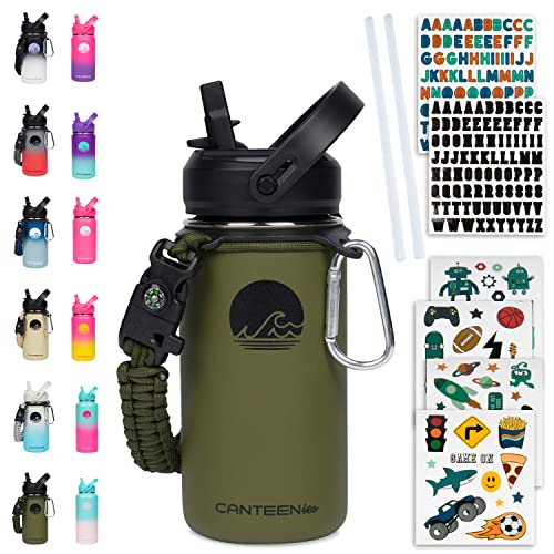 Canteenies Kids Water Bottle For School, 14 Oz, Straw Lid, Stickers, Scrunchie, Vacuum Insulated Stainless Steel Double Walled, Bpa Free Food-Safe, Leak-Proof Tumbler Travel Cup For Boys #TOP1
