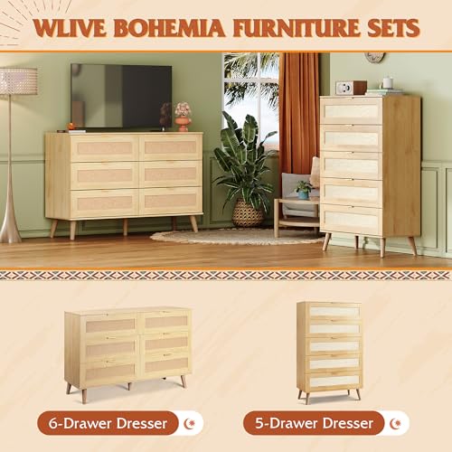 WLIVE Rattan Dresser for Bedroom, 5 Drawer Wooden Boho Dresser Storage with Gold Metal Handle, Chest of Drawers for Living Room, Closet, Hallway, Light Oak - Image 6