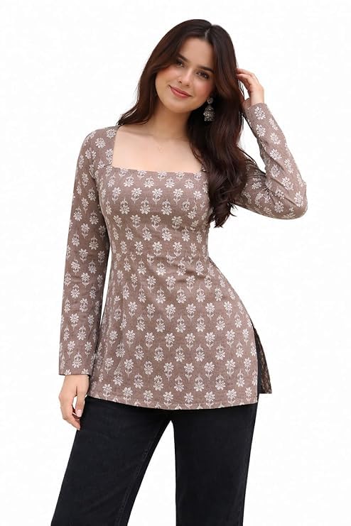 Women Rayon Printed Top | Bell Sleeve Kurti for Women | Stylish Side Slit Square Neck Top | Casual &...