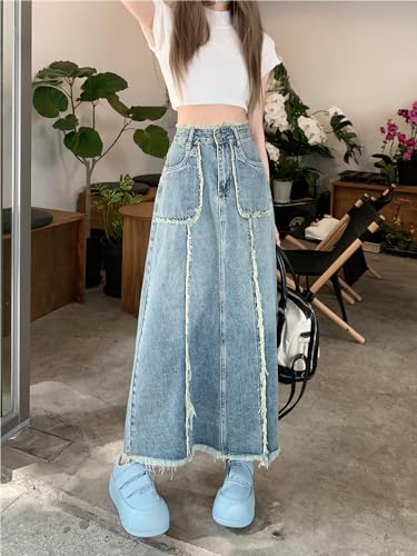 chouyatou Women's Summer Casual Flared High Waist Long Jean Skirt A-Line Maxi Frayed Denim Skirt2