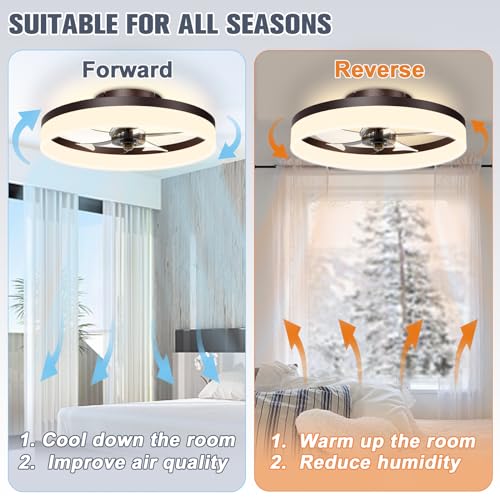 Image of VOLISUN Low Profile Ceiling Fans with Lights and Remote, 19.7in Fandelier Ceiling Fan Flush Mount, 3000K-6500K Smart Bladeless LED Fan Light, Brown Modern Ceiling Fans with Lights for Bedroom