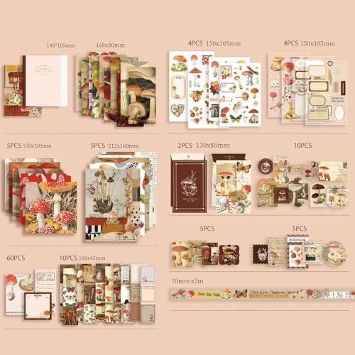 Image of VIBE VISTA Vintage Aesthetic Scrapbook Kit, 346 Pcs, A6 Grid Notebook, Washi, Envelopes, Scrapbook Papers, Folding Labels, Background Papers, Photo Frames, Calendar Stickers, Stickers (Mushroom)