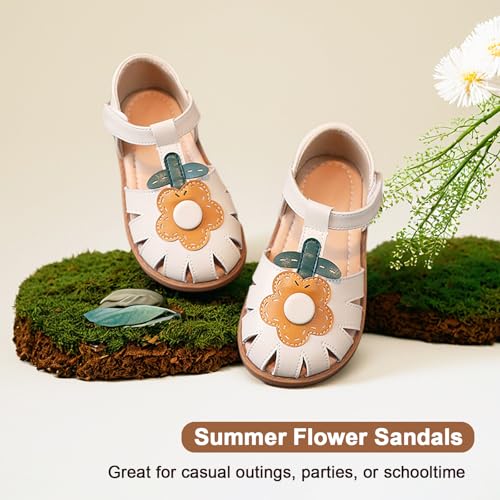 Image of Toddler Girl Sandals with Flower, Breathable Leather kids Closed Toe Sandals, Soft Rubber Non-Slip Summer Shoes for Little Girls 2-7 Years