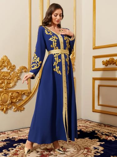 Image of Middle Eastern Modest Maxi Dress - Muslim Moroccan Kaftan Abaya for Women Gold Embroidered Eid Dress Islamic Traditional Wear