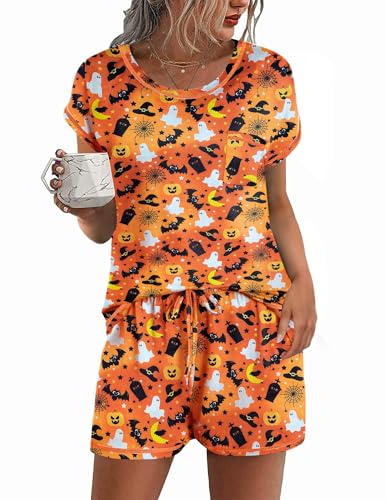 Image of Ekouaer Womens Pajama Sets 2 Piece Soft Short Sleeve Top and Shorts Sleepwear Round Neck Pjs Lounge Set with Pockets Halloween Print Medium