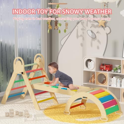 Image of Pikler Triangle Set, Montessori Climbing Set, Baby Climbing Playset Toys Indoor, Jungle Gyms for Toddlers Ages 1-4, Toddler Climbing Playground (Rainbow-Nature)