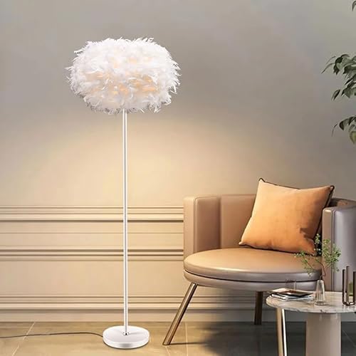 TONGNIDA Feather Floor Lamps for Living Room,Standing Lamp with Foot Switch,55INCH White Feather Lampshade Tall Lamp for Bedroom,Corner Home Decor,Modern Home Lighting Fixtures (E27 Holder)