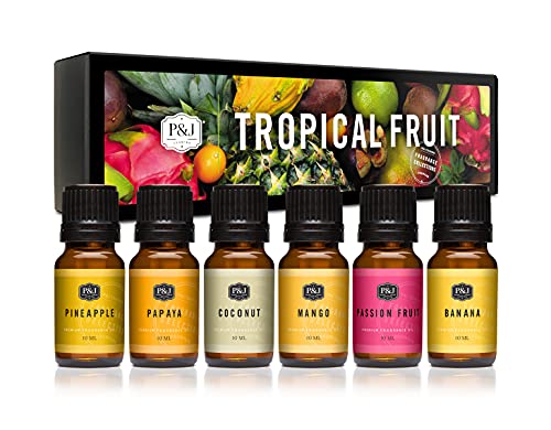 P&J Trading Tropical Fruit Set of 6 Fragrance Oils - Pineapple, Papaya, Coconut, Mango, Passion Fruit, Banana Scented Oils for Candle Making, Soap Making Supplies, Diffuser Oils