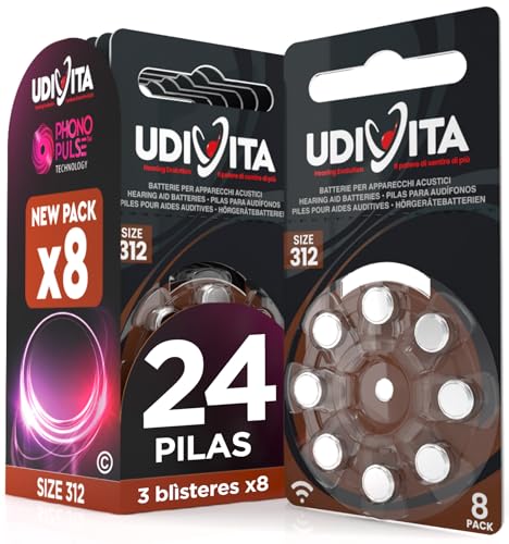 24 Pilas para Audífonos Tamaño 312 Udivita PR41 (Marrón) Zinc-Aire Hearing Evolution - 3 Blísteres de 8 Pilas
