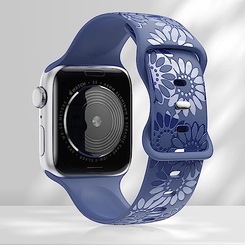 Image of Sunflower Engraved Band Compatible with Apple Watch Bands 38mm 40mm 41mm 42mm 44mm 45mm 49mm Women, Designer Soft Glossy Floral Silicone Strap for iWatch Series Ultra 11 10 9 8 7 6 SE 5 4 3 2 1