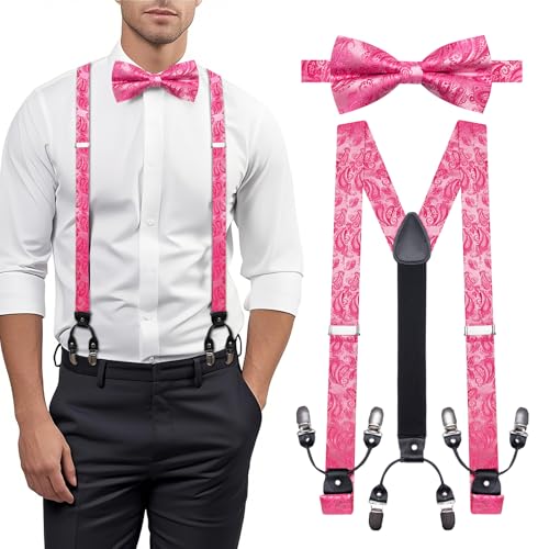Image of YOHOWA Men Suspenders 6 Clips Strength Adjustable Y Braces Pre-Tied Bow Tie Set Formal Wedding Party