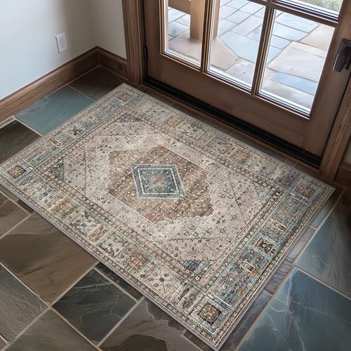 GENIMO 2x3 Non Slip Area Rug Doormat, Machine Washable & Low Pile, Vintage Small Lightweight Rugs for Entryway, Hallway, Kitchen, Bathroom and Bedroom, Blue Gray