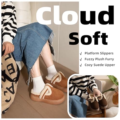 Women's Platform Slippers - Fuzzy Plush Furry Lining, Cozy Suede Upper, Trendy Slip - on Design, Anti - slip Thick Sole, Cute & Comfortable for Daily Wear.2