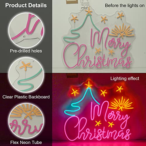 Image of Neon Signs Merry Christmas Tree Neon Sign Decorations Lighted Sign Xmas LED Neon Lights Green Red LED Sign for House, Home, Window, Balcony, Party, Wall Decor 60x50cm (with Tree and Starlight)