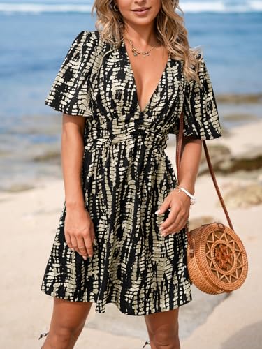 Image of CUPSHE Women's Plunging V Neck Flutter Sleeve Smocked Waist Mini Dress