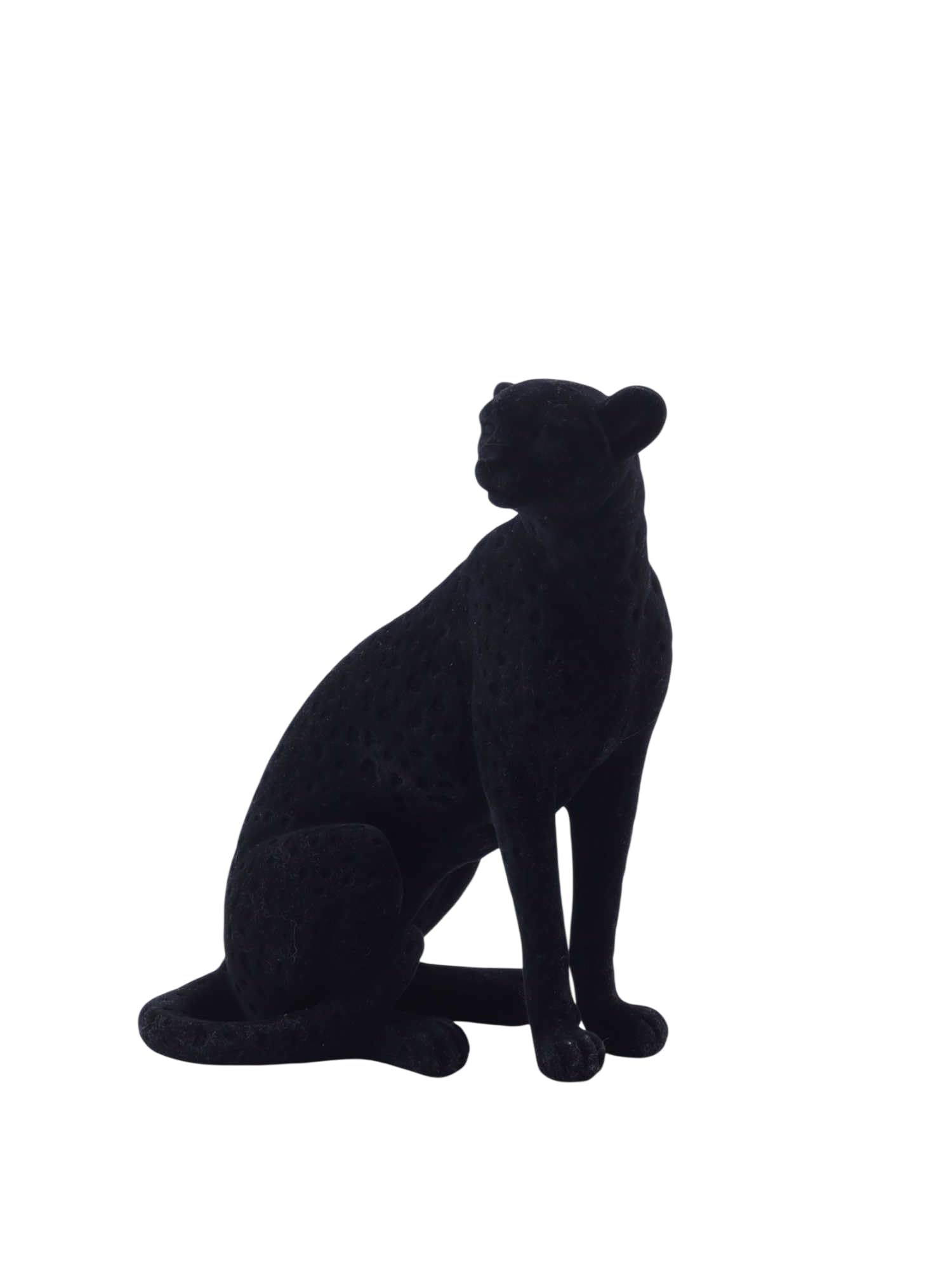 Statuetta di pantera nera di lusso, scultura animale moderna con finitura in velluto, elegante decorazione per la casa, statua di pantera contemporanea accento soggiorno