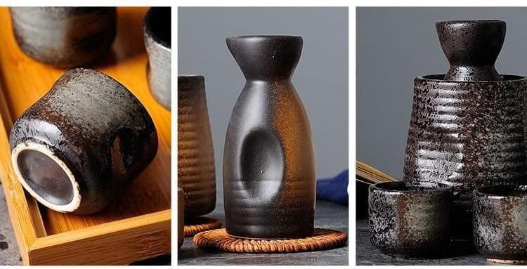 Service à saké en céramique, 3 pièces, Tasse et Bouteille de saké japonaises, Bouteille de saké en céramique, Ensemble de Tasses à saké, Service à saké pour Servir du saké Chaud (C