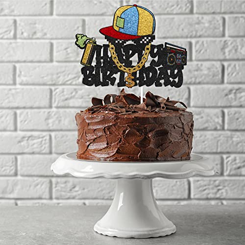 Hip Hop Graffiti Happy Birthday Cake Topper - 80'S 90'S Decade Throwback Birthday Glitter Gold Chain Cake Topper - Retro 1980S 1990S Music Rocks Punk Party Decoration #TOP1