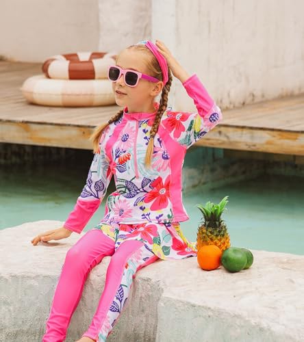 Image of Girls Long Sleeve Rashguard Half Zip Swimsuits UPF 50+ Two Piece Swim Sets with Hairband 5-12Y | Two Piece Swim Sets with Hairband