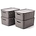 EZOWARE 4 pcs Cestas de Almacenaje Multiuso con Tapas, Cajas Organizadoras de Plástico Apilable con Efecto de Mimbre y Asas para Cocina, Baño - Gris / 39 x 27 x 17 cm