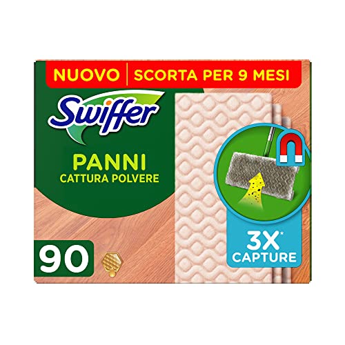 Swiffer Panni Catturapolvere Di Ricambio Per Scopa Ideali Per Parquet 90 Pezzi, Per Catturare E Intrappolare 3 Volte Più Polvere, Sporco E Peli Di Una Scopa Tradizionale