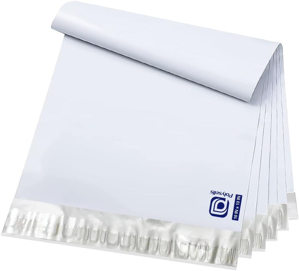 POLYSELLS 100 pcs 10x13 Inches White x Silver Poly Mailers Shipping Envelopes, Strong Adhesive Sealing, Waterproof, and Tear-resistant Postal Mailing Bags for Clothing, Books, and Accessories