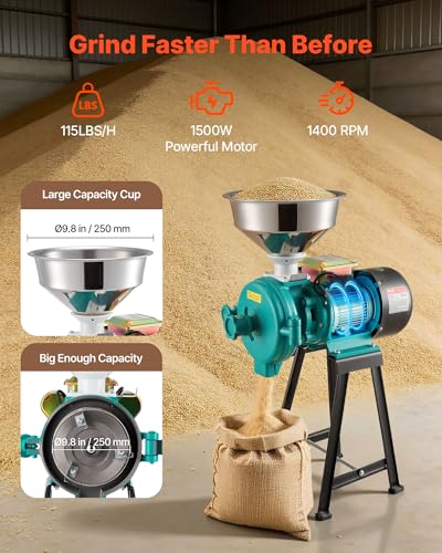 Image of VEVOR Electric Grain Mill Grinder, Commercial Spice Grinders, 1500W Cast Iron Pulverizer Powder Machine with Non-Slip Rubber Feet, for Dry Grains, Spices, Cereals, Coffee, Corn & Pepper