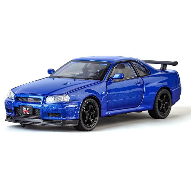 1:32 Blue Nissan GTR Skyline R34 Diecast Car Models Toys Metal Alloy Openable Door and Sound & Light, Pull Back Toys Gifts for Boys Best Gift Car【 Blue 】