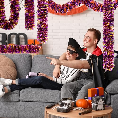 Image of 50 FT Halloween Tinsel Garland, Orange Purple Black Glitter Tinsel Garlands, Metallic Holiday Hanging Streamers for Halloween Party Supplies Indoor Outdoor Decoration