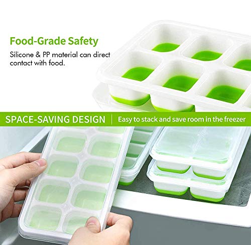 Image of Ice Cube Tray 4 Pack with Removable Lids - Silicone Ice Cube Trays For Freezer - BPA Free, Easy Release and Flexible - Covered and Great For Stacking (Green)