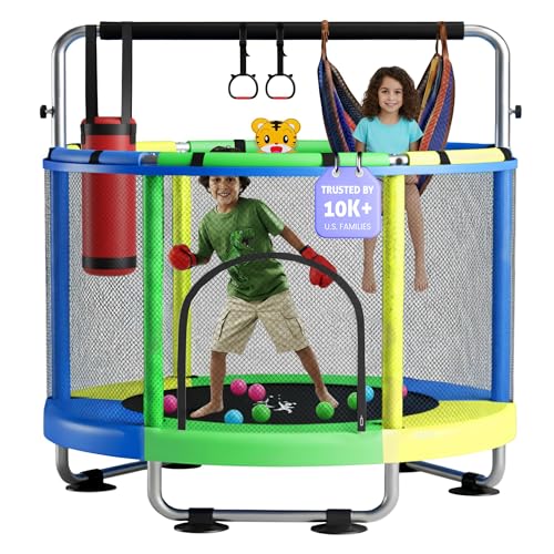 Image of 55" Toddler Trampoline for Kids Ages 3–8 – Indoor & Outdoor Kids Trampoline Anti-Tilt Frame, Adjustable Gym Bar, Basketball Hoop, Ocean Balls, Boxing Bag, Hammock & Boxing Gloves