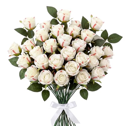 Suncalla 24 Pcs Baseball Rose with Leaves Bulk Artificial Fake Roses Decor Flower Gifts for Table Centerpieces Graduation Wedding Girl Gift Theme Rose Bouquet Party Favor