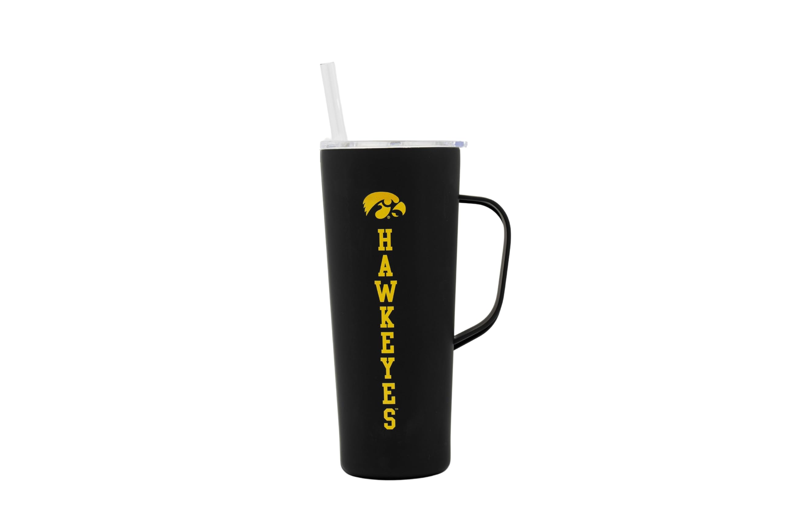 Decorvo NCAA 20 oz. Stainless Steel Tumbler with Handle - Officially Licensed Double Walled Insulated Roadie with Slide Lid and Straw (Iowa - Black)